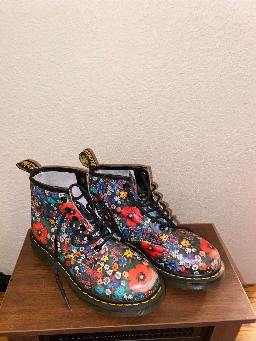 Dr. Martens Women’s Black Floral Lace-Up Boots with Red & Blue Accents